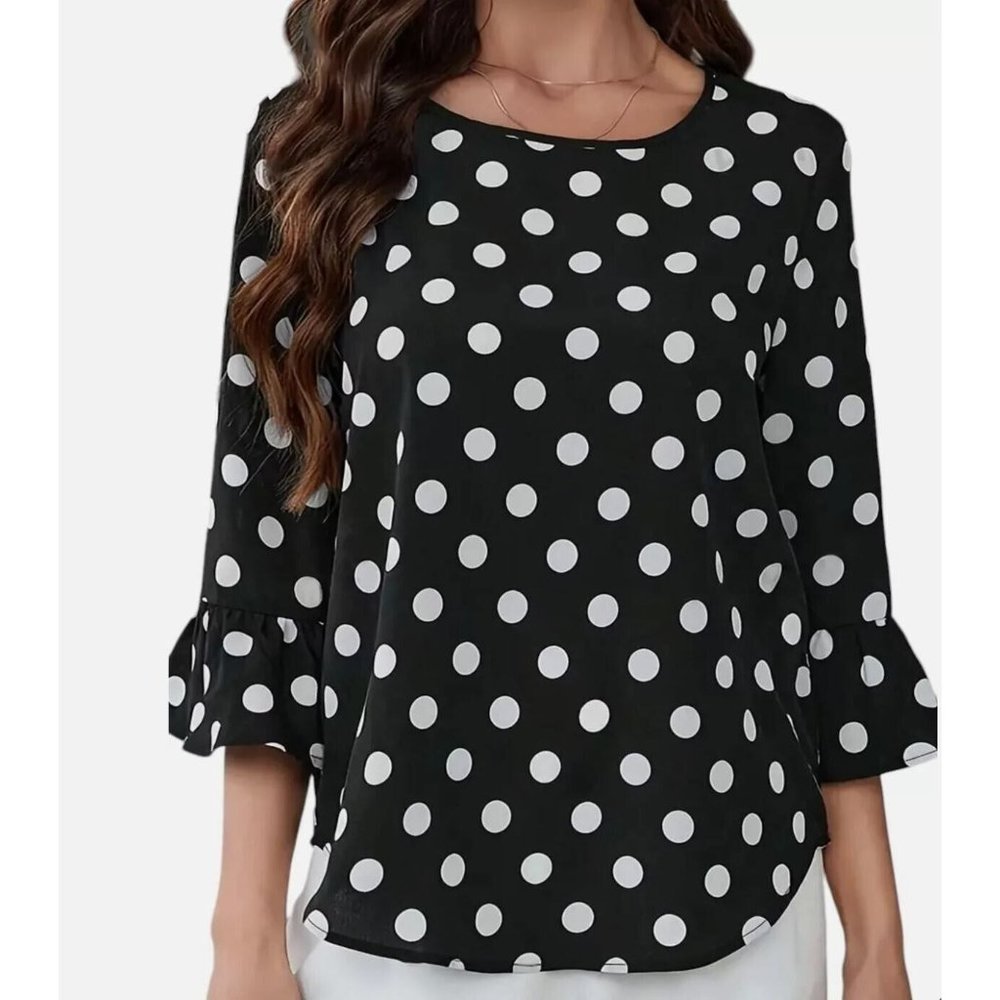 NWT Classic Black and White Polka Dot Bell Sleeve Blouse Sizes M, L, XL